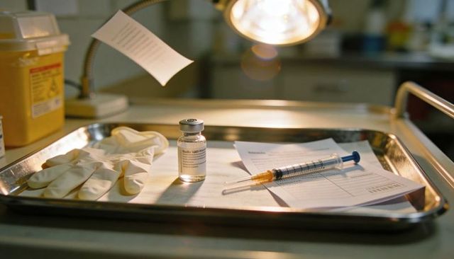 Preparing vaccination tray with vial syringe gloves and medical forms on clinic counter