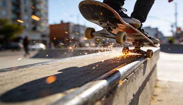 Skateboard grinding rail sparks flying close-up urban skatepark action motion energy