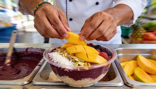 Chef assembling vibrant mango-topped acai bowl with granola, seeds, coconut for juice bar