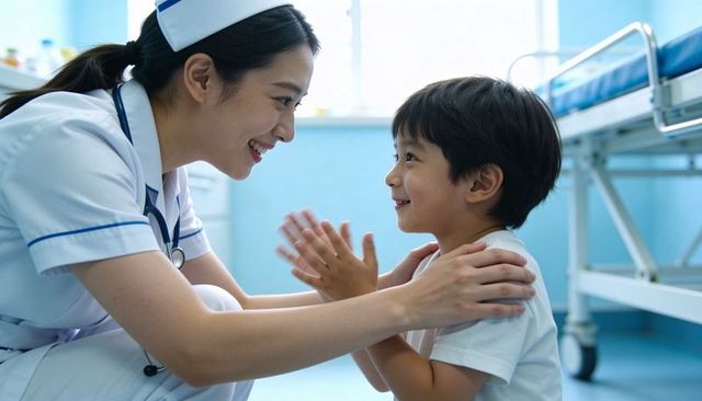 Nurse kneeling comforting young patient, smiling nurse and happy child during clinic visit