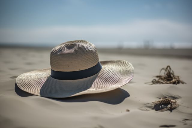 Straw hat resting on soft beach sand with blue sky and ocean in background. Suitable for travel brochures, summer vacation promotions, beach accessories marketing, and relaxation-themed ads.