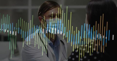 Doctor consulting patient with digital waveform overlay