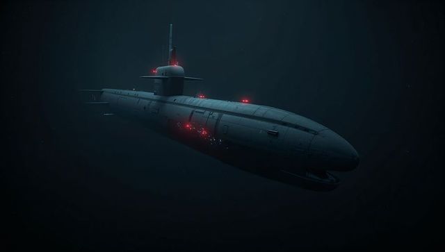 Stealth military submarine gliding in deep ocean darkness with red navigation lights