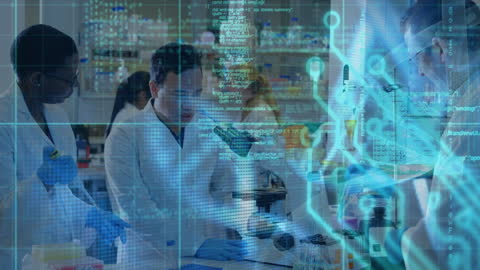 Futuristic Scientists Collaborating in High-Tech Laboratory