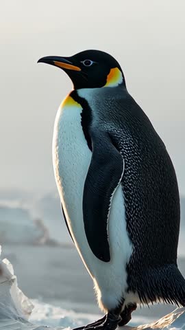 Shifting emperor penguin turning head on ice floe observing distant icebergs vertical video