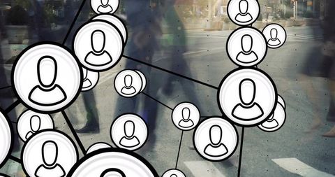 Urban connectivity overlay with linked user icons on blurred pedestrian crosswalk