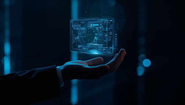 Businessman presenting holographic data interface above open hand in dark tech lab
