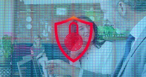 Corporate team in suits navigating cybersecurity challenges in office environment