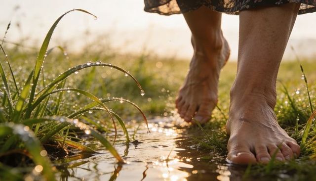 Bare feet walking through dewy grass puddle at golden sunrise with floral skirt hem