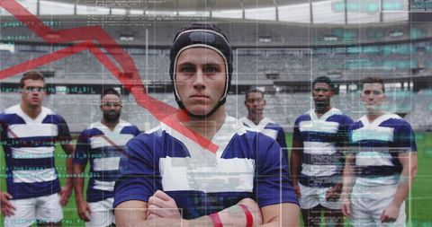 Multi-ethnic rugby team with data overlay in stadium