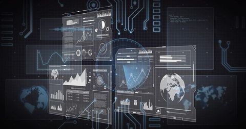 Displaying Holographic Data Dashboard with Globe, HUD Charts and Network Visualization