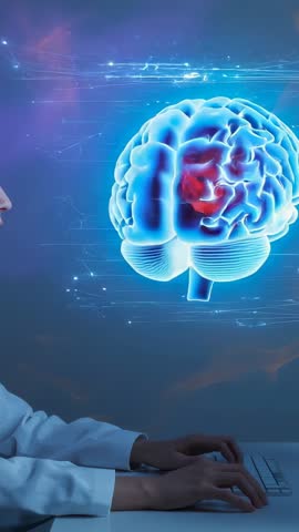 Researcher typing while rotating holographic brain model on keyboard for neuroscience AR