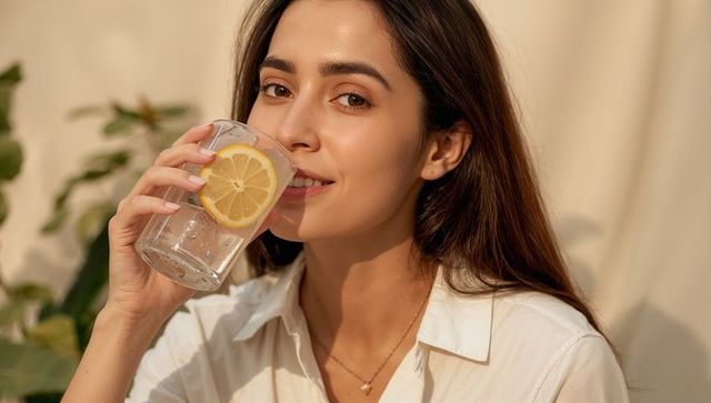 Young asian woman sipping lemon water from glass, closeup portrait with sunlit glow