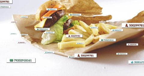 Showcasing double-patty burger and fries with digital labels for food social analytics