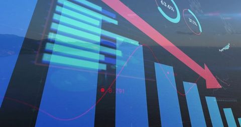 Declining financial data visualization with red downward arrow and blue bar charts