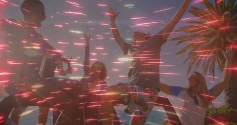 Joyful group celebrating summer at ocean dock with light burst effects