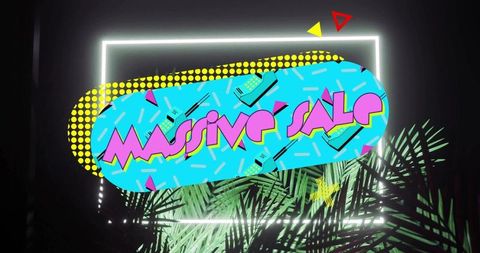 Retro Neon Massive Sale Banner Featuring Cyan Oval, Halftone Dots and Tropical Palm Fronds