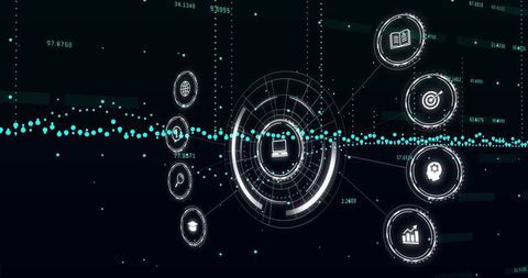 Futuristic data dashboard showing circular HUD linking laptop icon with teal waveform