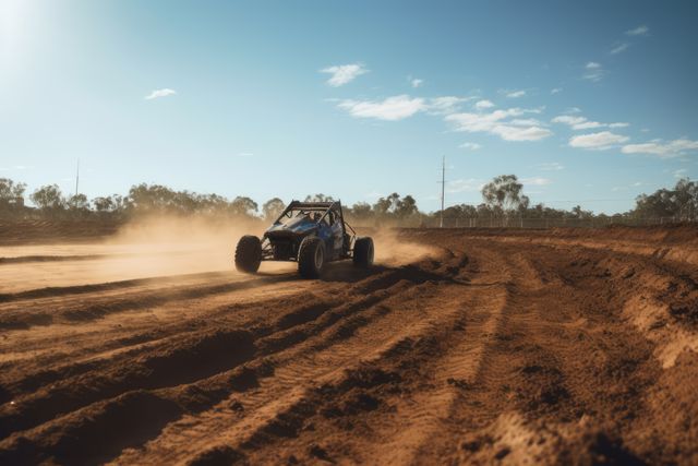 Quad riding on dirt track, created using generative ai technology. Dirt track, racing and sports concept digitally generated image.
