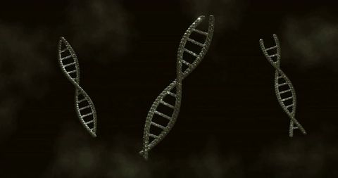 Floating metallic dna double helix glowing in smoky void with suspended futuristic nanotech