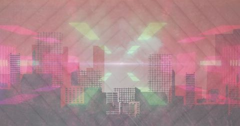 Abstract Cityscape with Neon Arrows and Digital Glitches