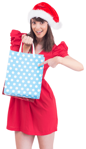 Festive Brunette in Dress Holding Transparent Shopping Bag