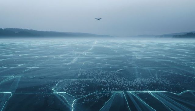 Hovering drone surveying frozen lake with glowing cyan ice cracks and misty trees