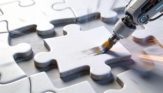 Robotic arm painting color stroke on white puzzle piece representing ai creativity