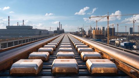 Elevated industrial rail with polished metal blocks toward city skyline lined with cranes