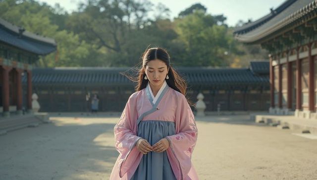 Young korean woman wearing pastel hanbok in palace courtyard conveying serene elegance
