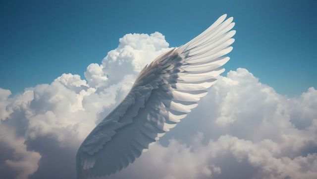 Ethereal angel wing with serene sky and fluffy cloudscape