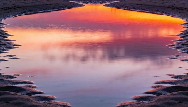 Tidal pool reflecting vibrant orange pink purple sunset serene dusk glow on scalloped sand beach