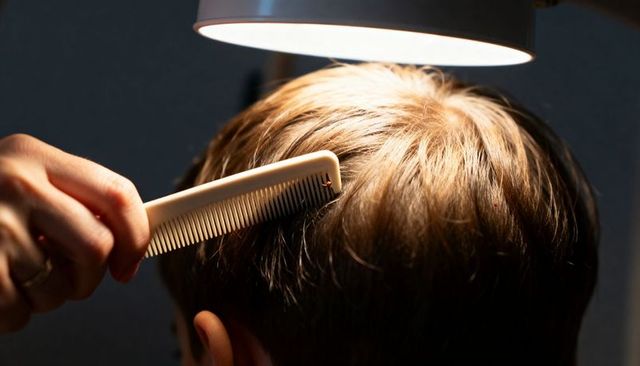 Combing light brown hair under overhead lamp, closeup scalp grooming and haircare detail