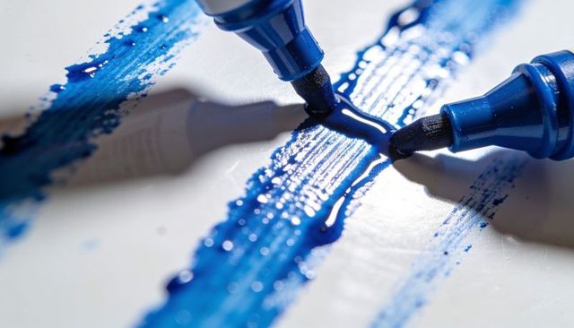 Two blue markers creating glossy cobalt ink strokes with ink droplets