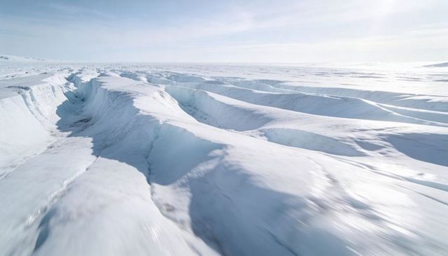 Stretching crevasses on blue glacial ice under pale sky