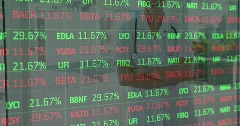 Retail shopper reflecting in storefront glass with scrolling stock ticker overlay highlighting marke