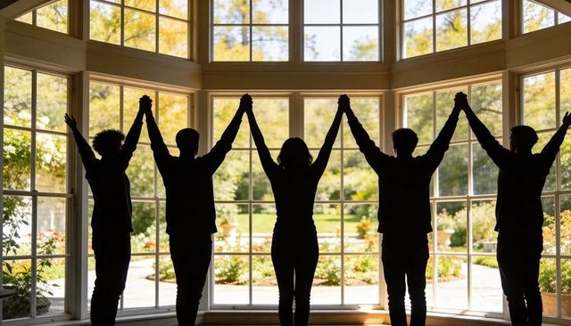 Silhouettes of five adults holding hands overhead in sunlit curved bay window