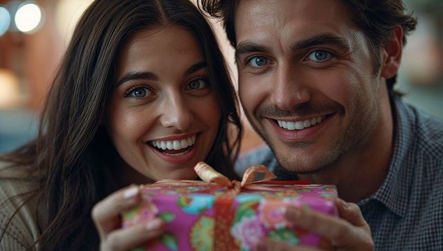 Couple Joyfully Giving Gift with Floral Ribbon in Cozy Space