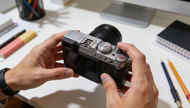 Hands adjusting mirrorless camera dials on home desk with lens, notebook and pens