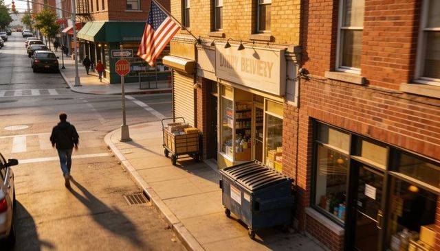 Sunlit urban corner with pedestrian and american flag outside neighborhood store