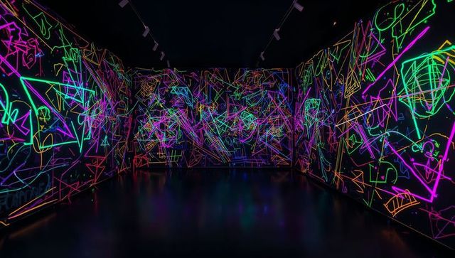 Neon graffiti immersive space with multicolor geometric light projections and reflections