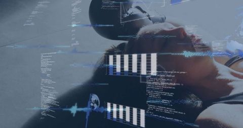 Reclining Woman Wearing VR Headset with Holographic Code, Waveform and Data Overlays for Fitness