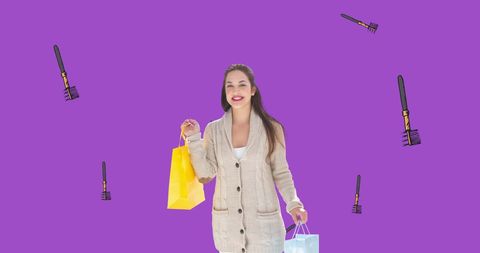 Trendsetting Woman Shopping on Vibrant Purple Background