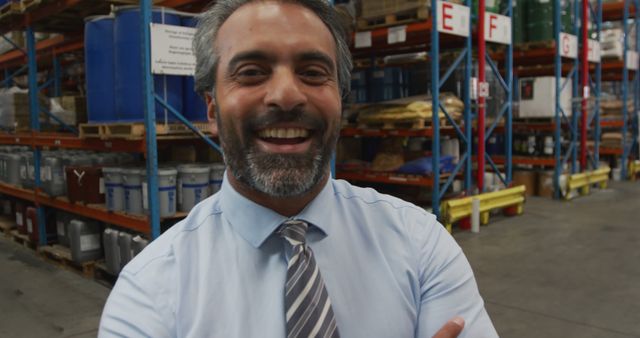 Confident Manager Smiling in Warehouse Aisle - Download Free Stock Images Pikwizard.com