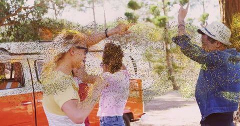 Diverse Friends Dancing Outdoors with Creative Visual Effects