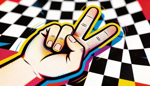 Pop art peace sign hand with halftone dots, cmyk offset and checkerboard pattern