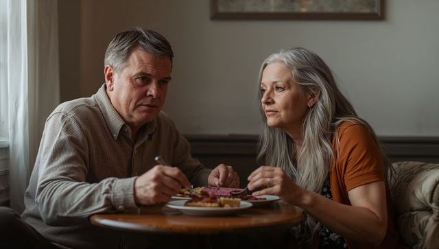 Mature couple sharing cozy roast dinner in sunlit dining nook, intimate home mealtime