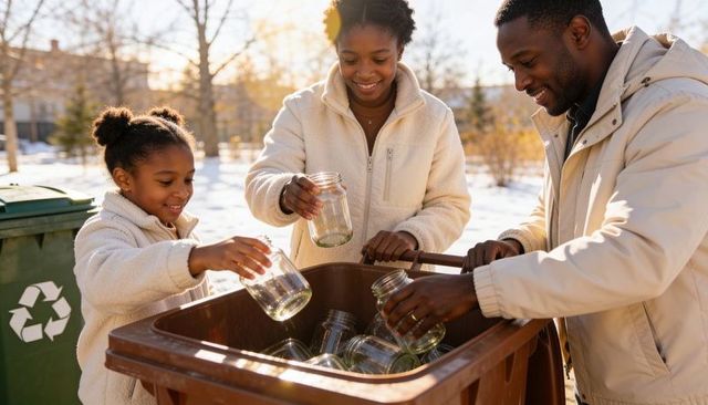 Family recycling glass jars at curb on sunny winter morning promoting sustainable living