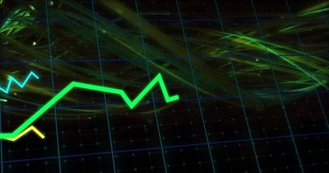 Coursing neon data line glowing across futuristic grid with green cyan analytics traces