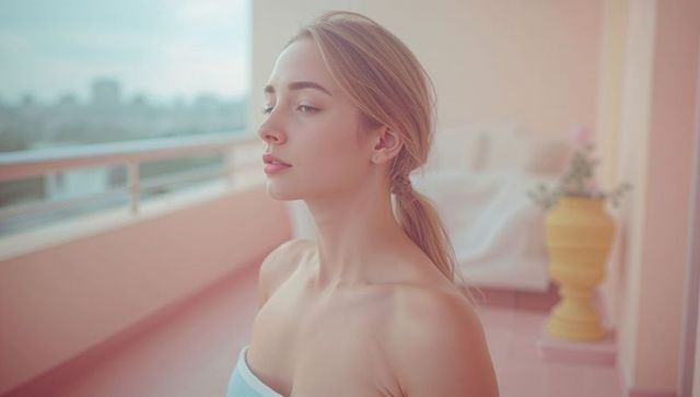 Serene woman relaxing on pastel terrace with city view